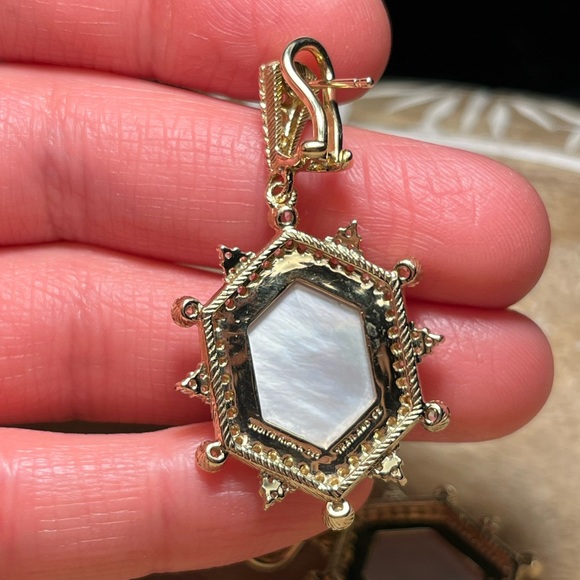 Judith Ripka 14K Sterling Silver Clad Diamonique & Mother of Pearl Earrings RARE - Picture 15 of 16